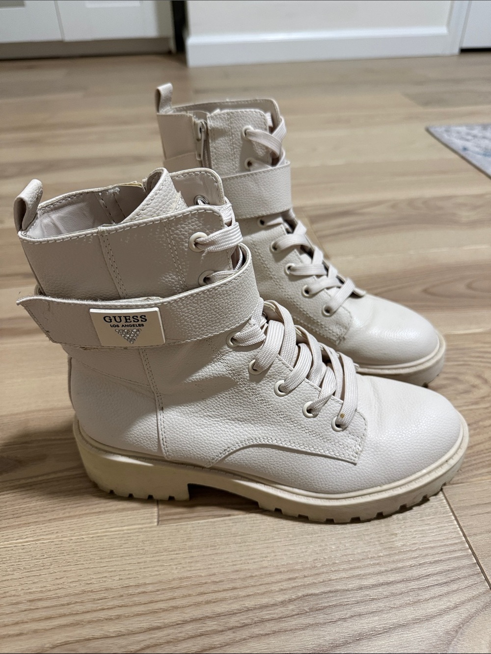 GUESS Cream Lace-Up Ankle Combat Boots with Strap